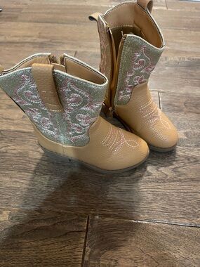 Girls Tan Western Boots with Pink Glitter Stitching